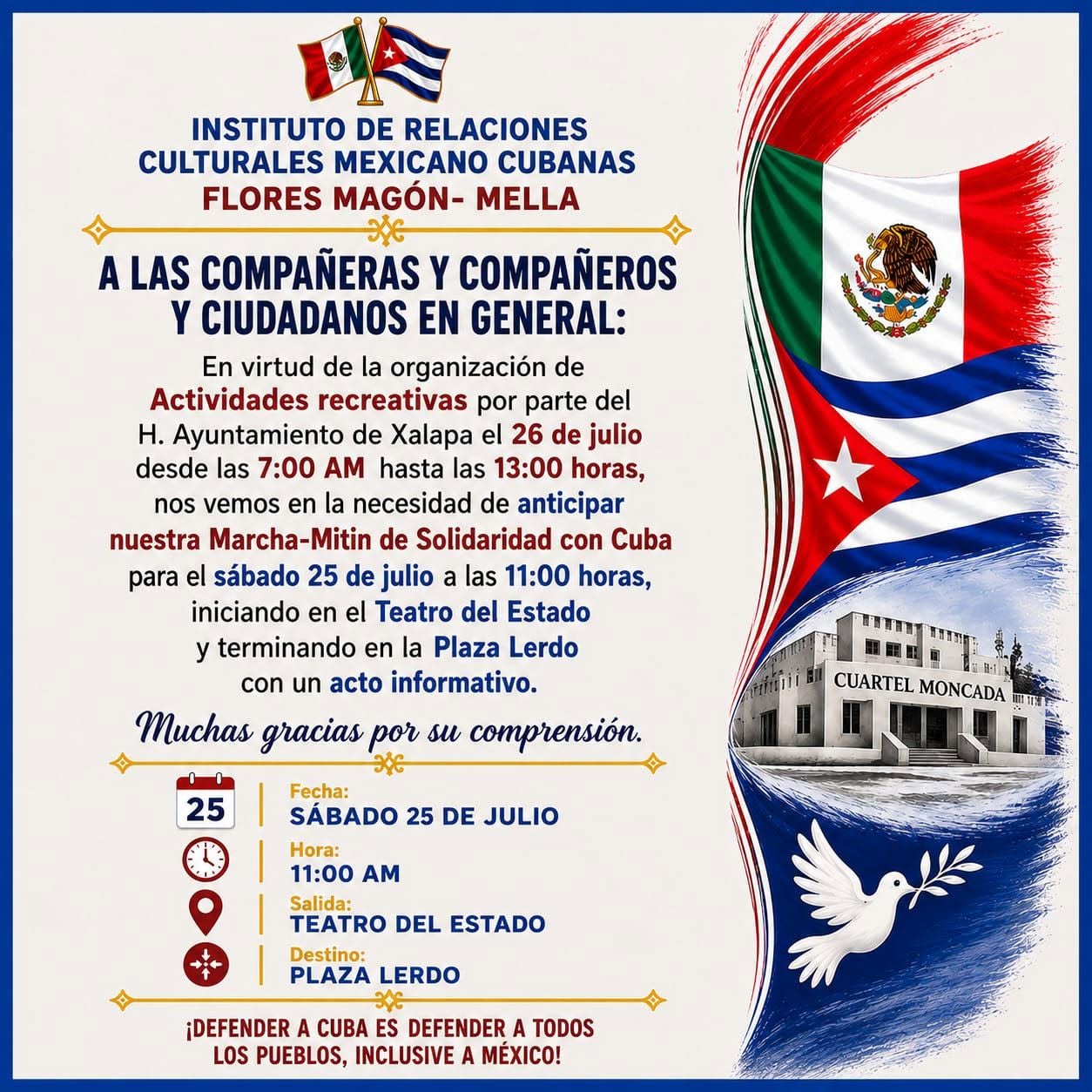 Convocan en Xalapa a marcha de apoyo a la Revolución Cubana en el 73.º aniversario del Asalto al Cuartel Moncada